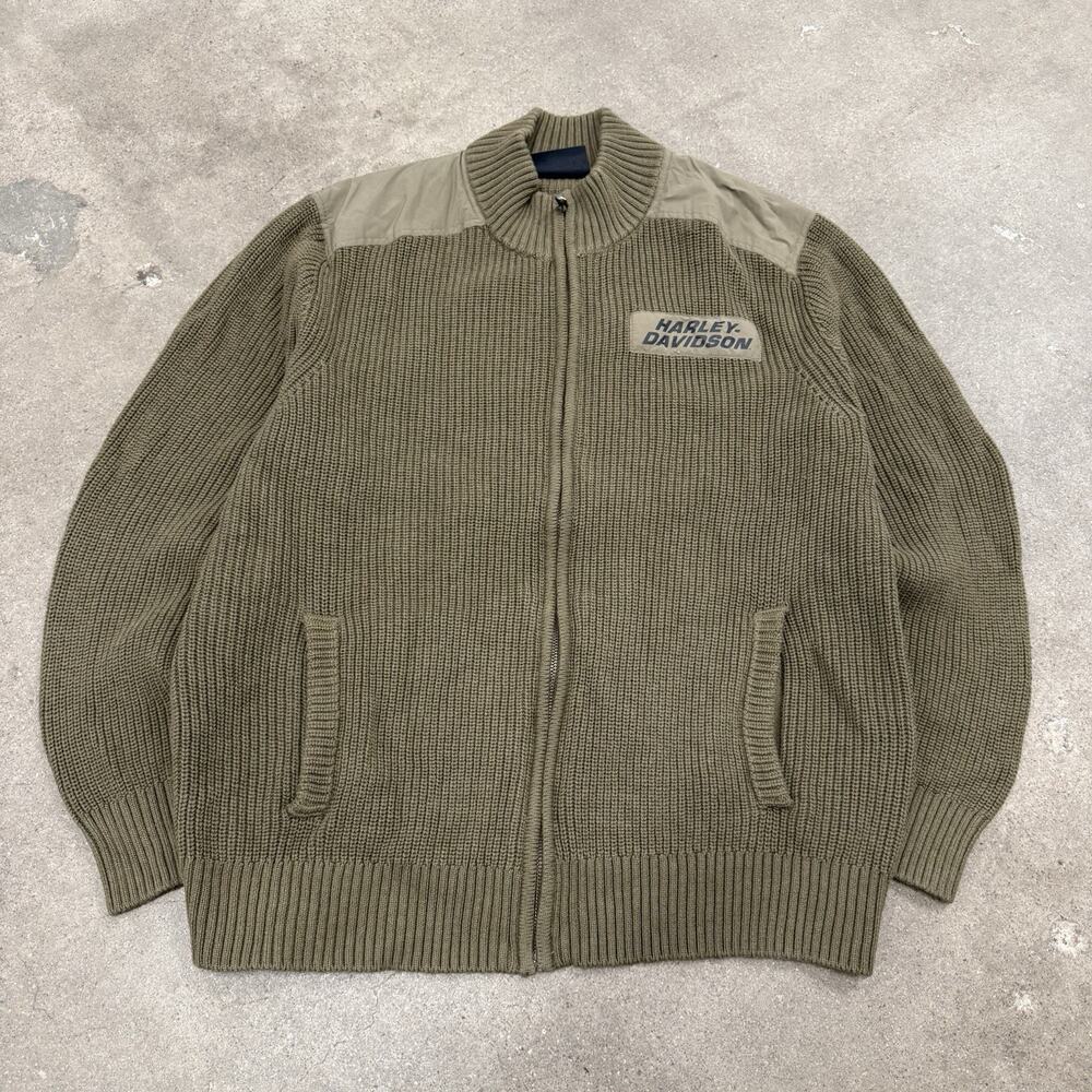 Harley Davidson Willie G Skull Cardigan Sweater Mens L Green Tight Knit Ribbed